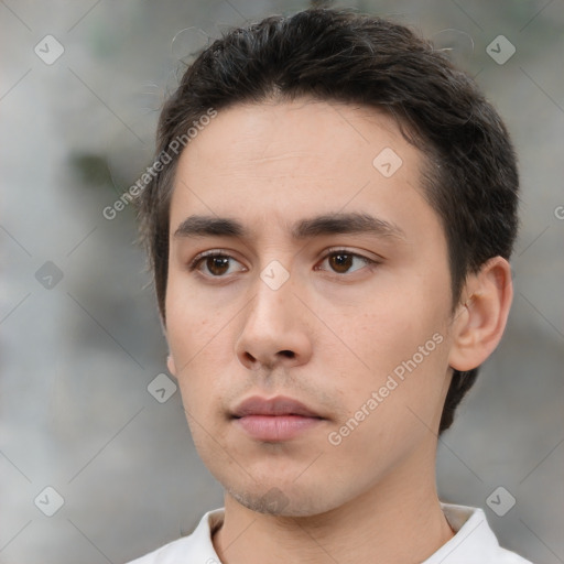 Neutral white young-adult male with short  black hair and brown eyes