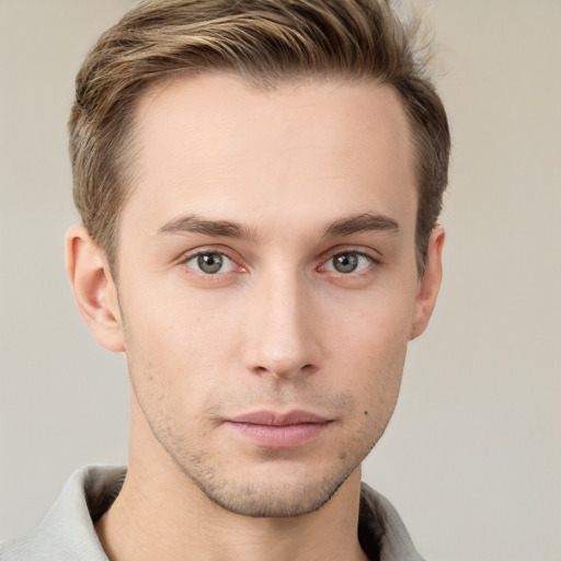 Neutral white young-adult male with short  brown hair and grey eyes