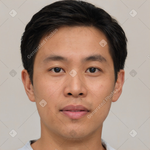 Neutral asian young-adult male with short  black hair and brown eyes