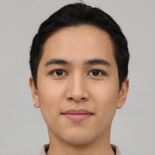 Neutral asian young-adult male with short  black hair and brown eyes