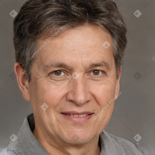 Joyful white middle-aged male with short  brown hair and brown eyes