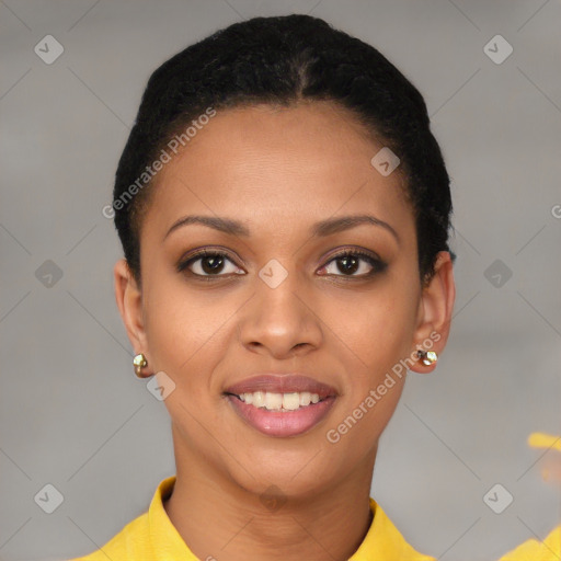 Joyful black young-adult female with short  brown hair and brown eyes