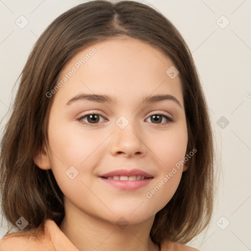 Joyful white child female with medium  brown hair and brown eyes