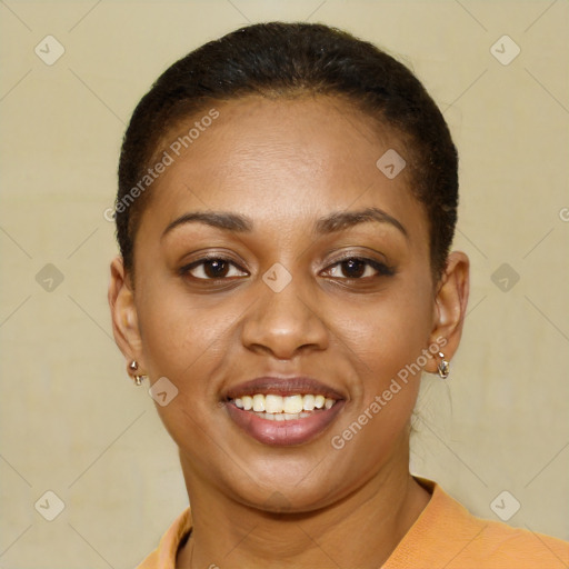 Joyful black young-adult female with short  brown hair and brown eyes