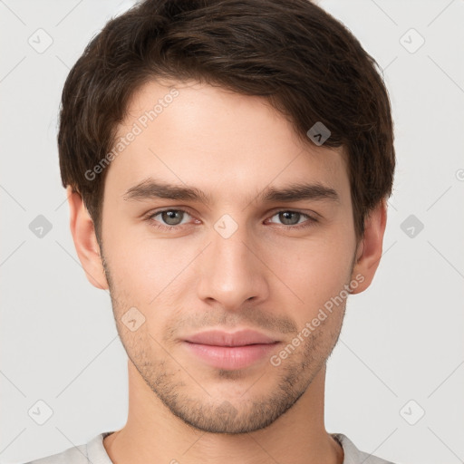 Neutral white young-adult male with short  brown hair and brown eyes