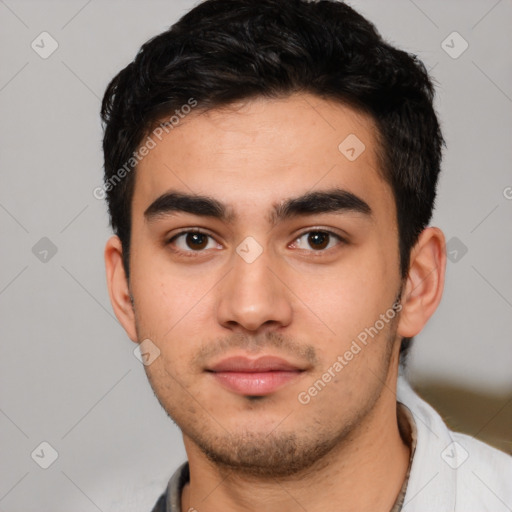 Neutral latino young-adult male with short  black hair and brown eyes