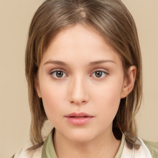 Neutral white young-adult female with medium  brown hair and brown eyes