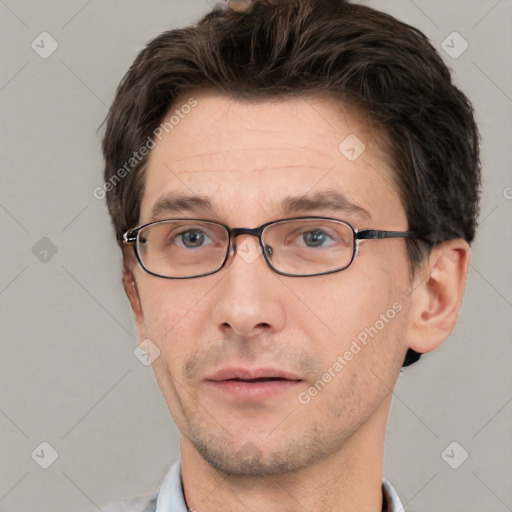 Neutral white adult male with short  brown hair and brown eyes