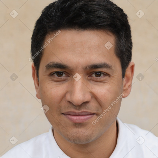 Joyful white young-adult male with short  black hair and brown eyes