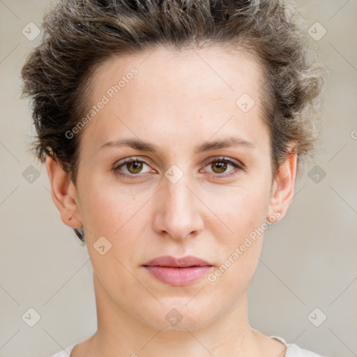 Neutral white young-adult female with short  brown hair and brown eyes