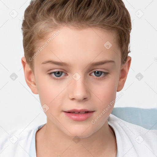 Joyful white child female with short  brown hair and brown eyes