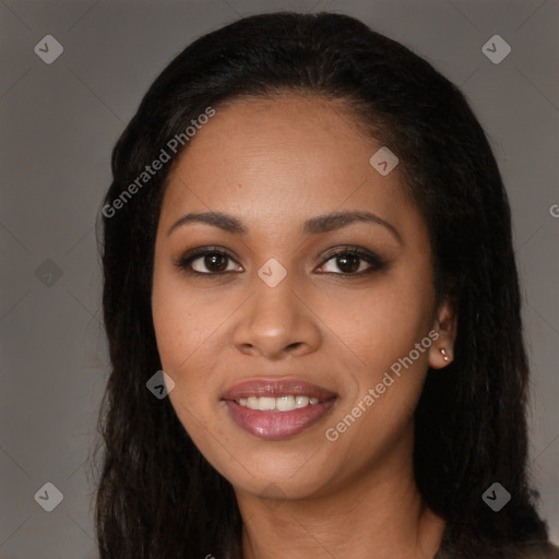 Joyful latino young-adult female with long  brown hair and brown eyes