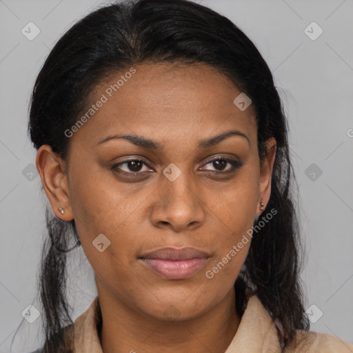 Joyful black young-adult female with medium  brown hair and brown eyes