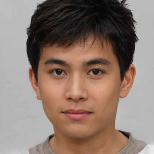 Neutral asian young-adult male with short  brown hair and brown eyes