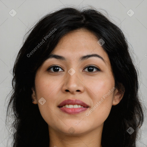 Joyful asian young-adult female with long  brown hair and brown eyes