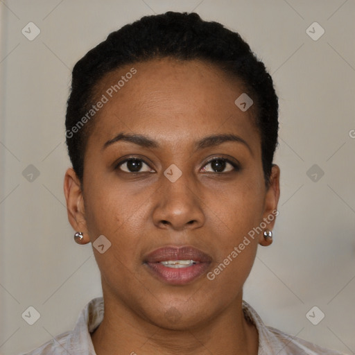 Joyful black young-adult female with short  brown hair and brown eyes