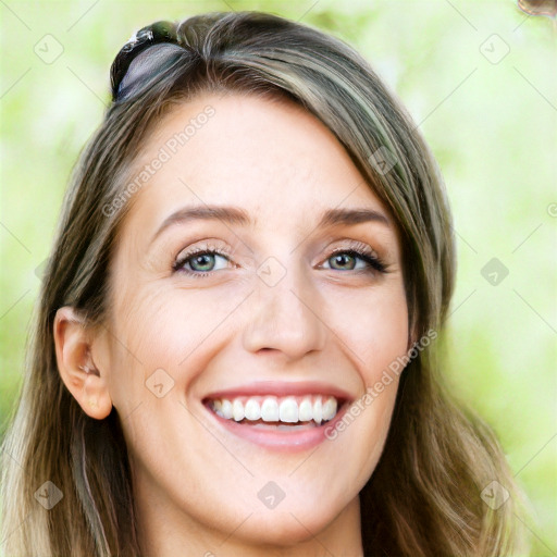 Joyful white young-adult female with long  brown hair and green eyes