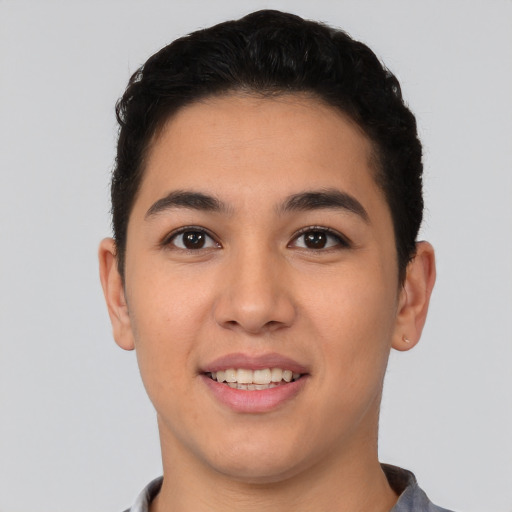 Joyful asian young-adult male with short  brown hair and brown eyes