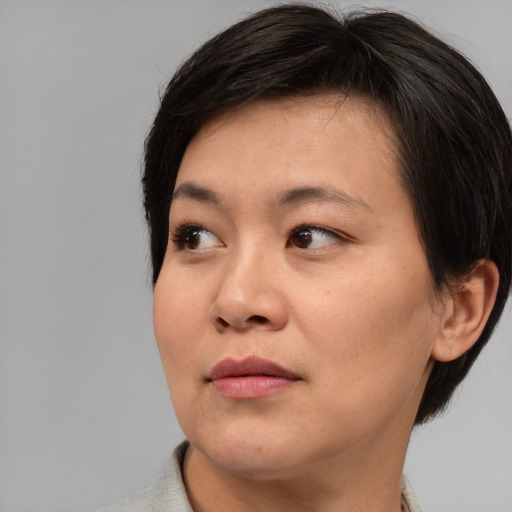 Neutral asian young-adult female with medium  brown hair and brown eyes