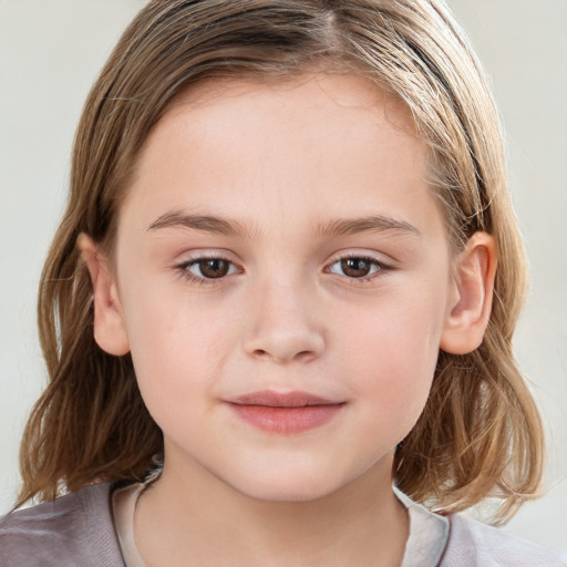 Joyful white child female with medium  brown hair and brown eyes