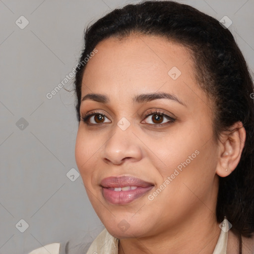 Joyful white young-adult female with medium  brown hair and brown eyes