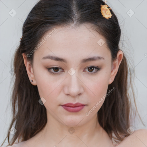 Neutral white young-adult female with medium  brown hair and brown eyes