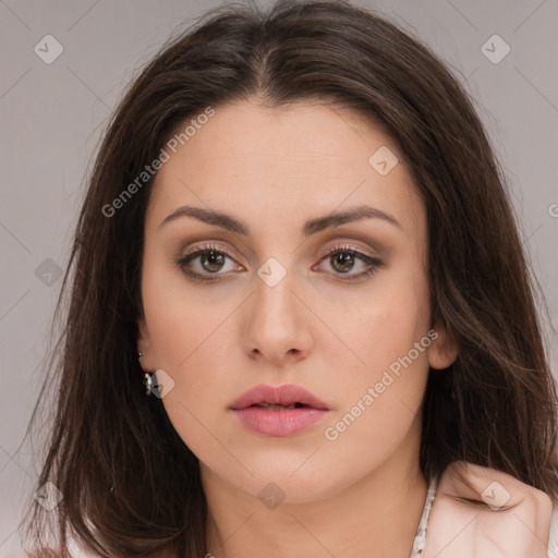 Neutral white young-adult female with long  brown hair and brown eyes