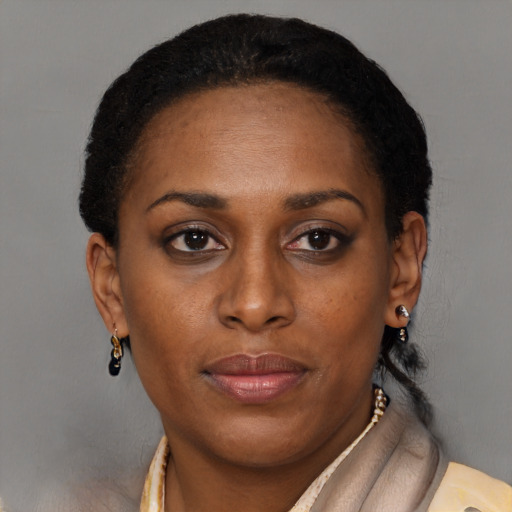 Neutral black young-adult female with short  brown hair and brown eyes