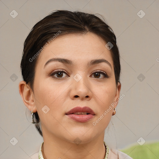 Joyful white young-adult female with medium  brown hair and brown eyes