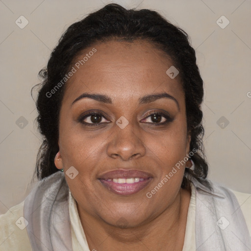 Joyful black adult female with medium  brown hair and brown eyes