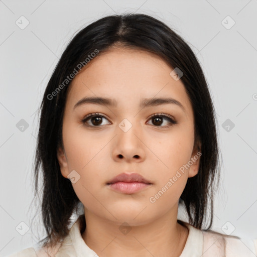 Neutral asian young-adult female with medium  brown hair and brown eyes