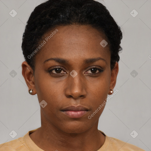 Neutral latino young-adult female with short  black hair and brown eyes