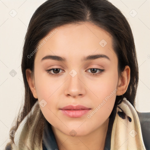 Neutral white young-adult female with long  brown hair and brown eyes