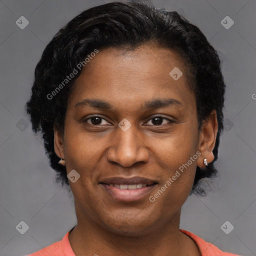 Joyful latino young-adult female with short  brown hair and brown eyes