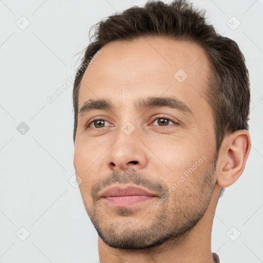 Neutral white young-adult male with short  brown hair and brown eyes