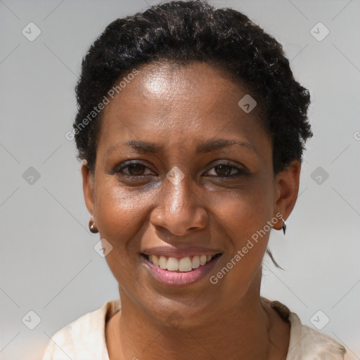 Joyful black adult female with short  brown hair and brown eyes