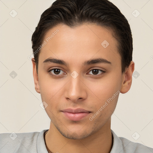 Neutral white young-adult male with short  brown hair and brown eyes