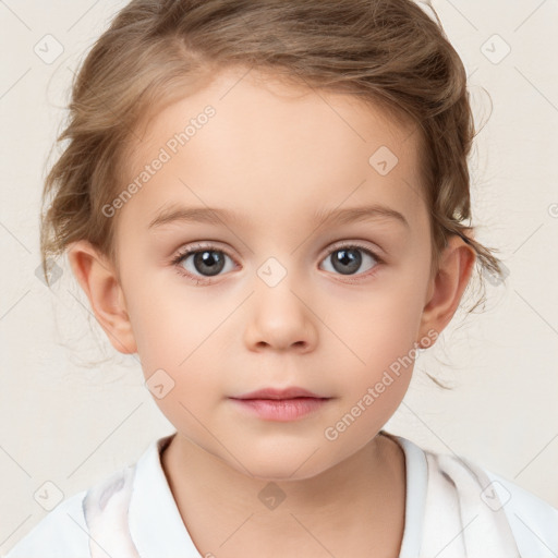 Neutral white child female with medium  brown hair and grey eyes