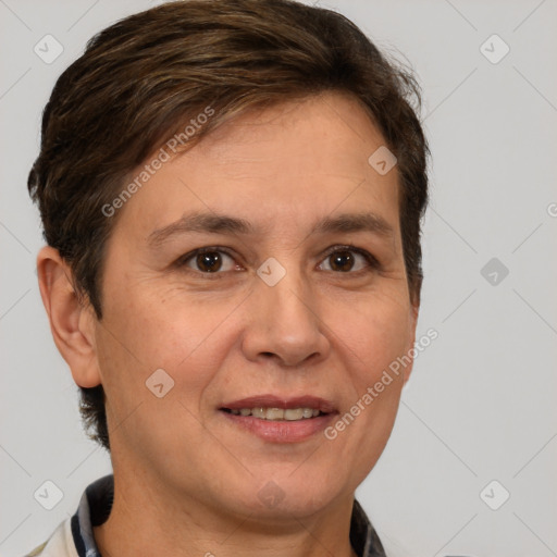 Joyful white adult female with short  brown hair and brown eyes