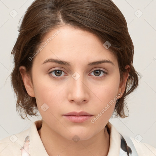 Neutral white young-adult female with medium  brown hair and brown eyes