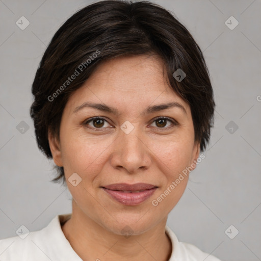 Joyful white adult female with medium  brown hair and brown eyes