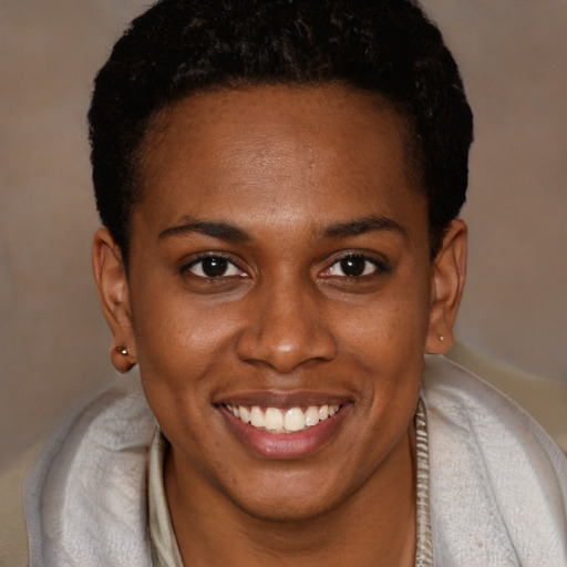 Joyful black young-adult female with short  brown hair and brown eyes