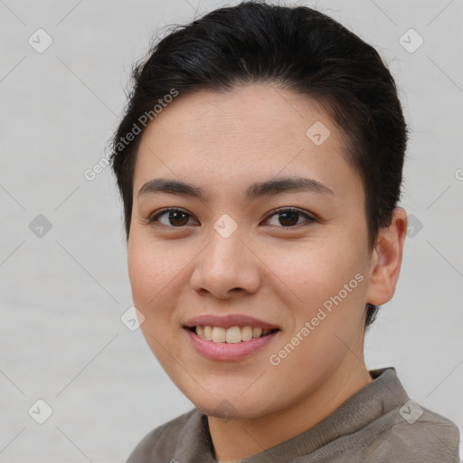 Joyful white young-adult female with short  brown hair and brown eyes