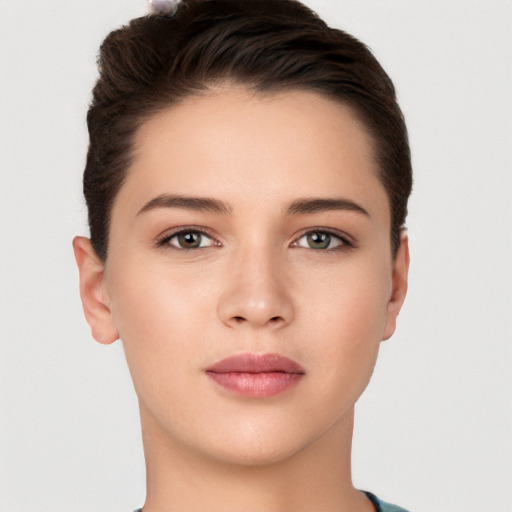 Neutral white young-adult female with short  brown hair and brown eyes