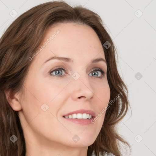 Joyful white young-adult female with medium  brown hair and blue eyes