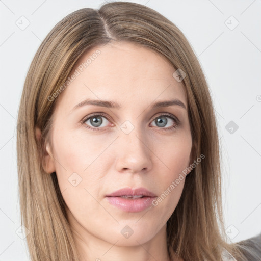 Neutral white young-adult female with long  brown hair and grey eyes