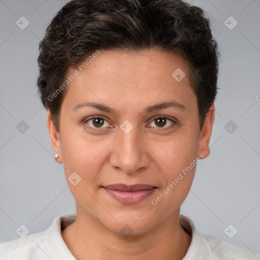 Joyful white young-adult female with short  brown hair and brown eyes