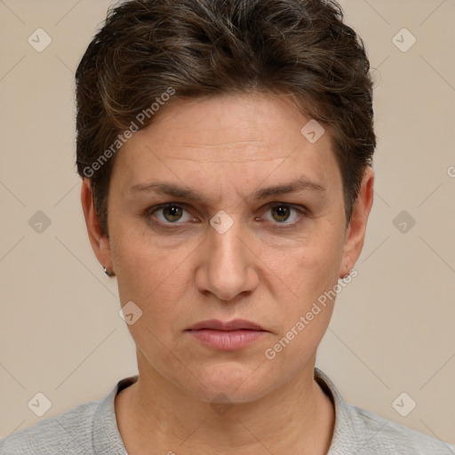 Neutral white adult female with short  brown hair and grey eyes