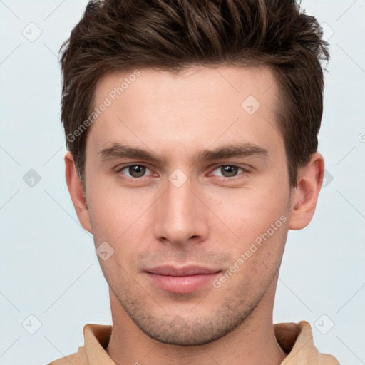 Neutral white young-adult male with short  brown hair and brown eyes