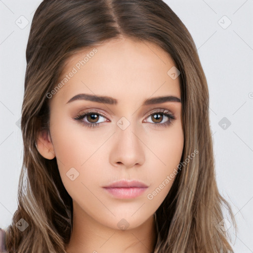 Neutral white young-adult female with long  brown hair and brown eyes